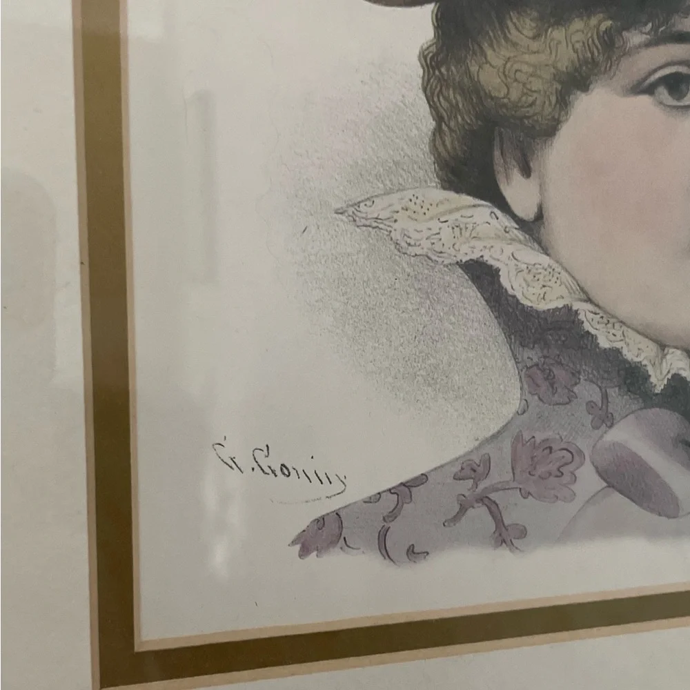 G Gonik 12x14 Victorian Lady Portrait in Gold Frame - Purple Hat Accent